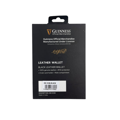 Guinness Official Merchandise 6 slot black leather wallet in retail packaging with barcode