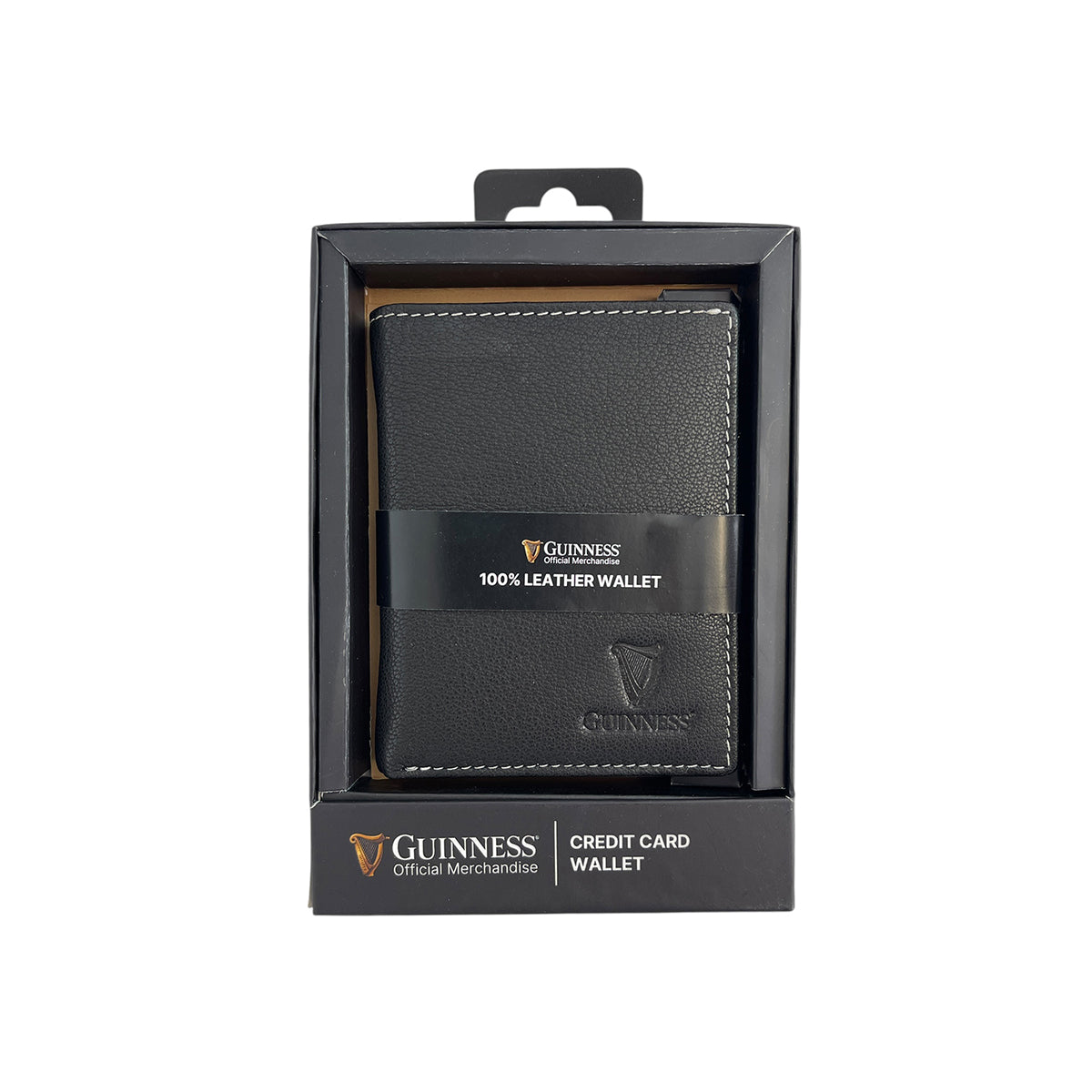 Guinness Official Merchandise black wallet with white stitching displayed in a box