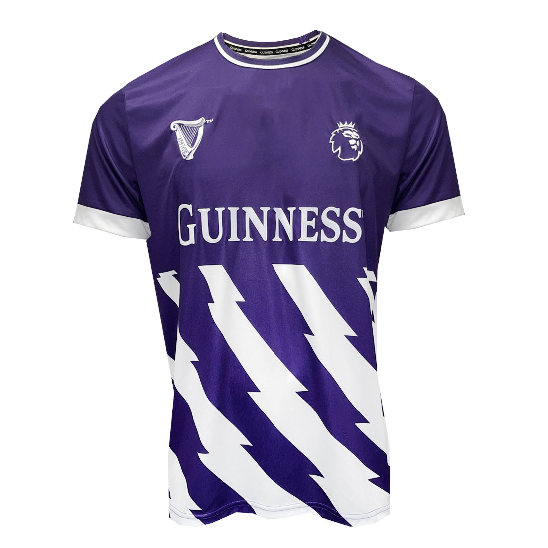 Purple Guinness Premier League football top with white sponsor text and diagonal white chevrons on a white background.