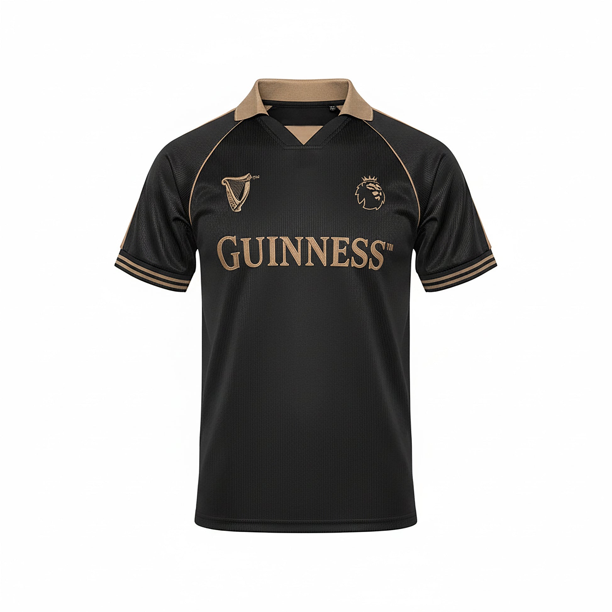 Guinness black and bronze Premier League football top shown from the front with crest and logo