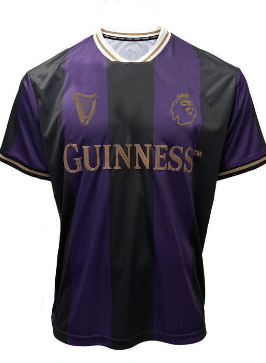 Front view of Guinness black and purple striped Premier League football top with gold lettering across the chest