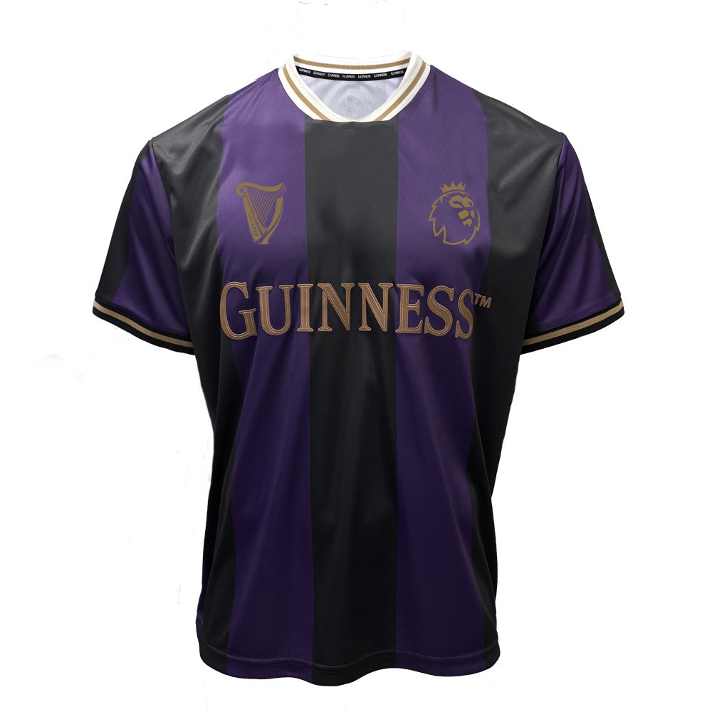 Front view of Guinness black and purple striped Premier League football top with gold lettering across the chest