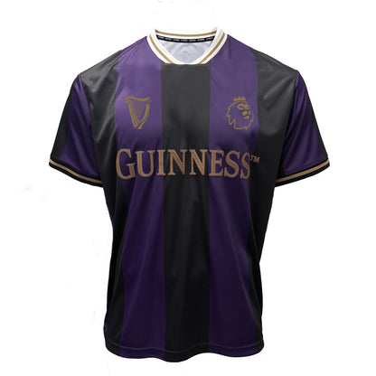 Front view of Guinness black and purple striped Premier League football top with gold lettering across the chest