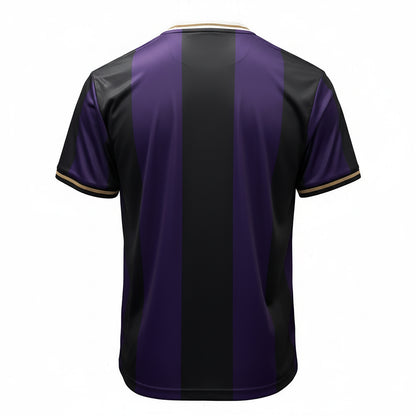 Back view of Guinness black and purple striped football top against a white background