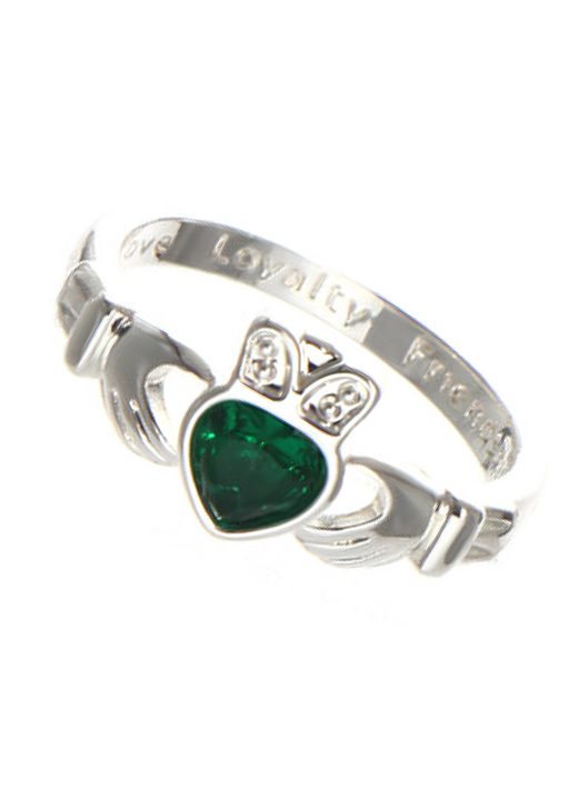 Grá Collection Silver Plated Claddagh Ring With Green Cubic Zirconia Stone