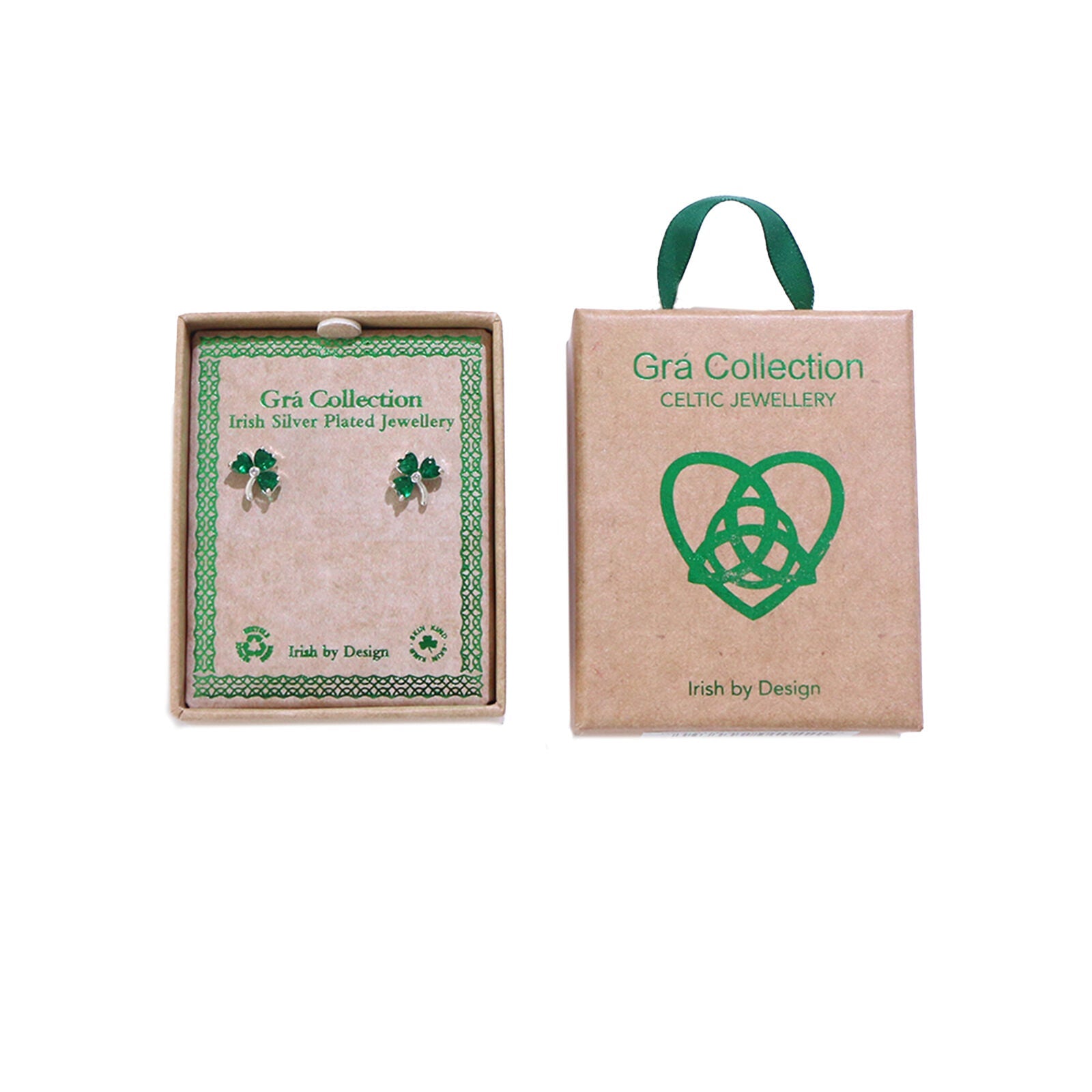 Grá Collection Silver Plated Shamrock With 3 Green Cubic Zirconia Stones Earrings 