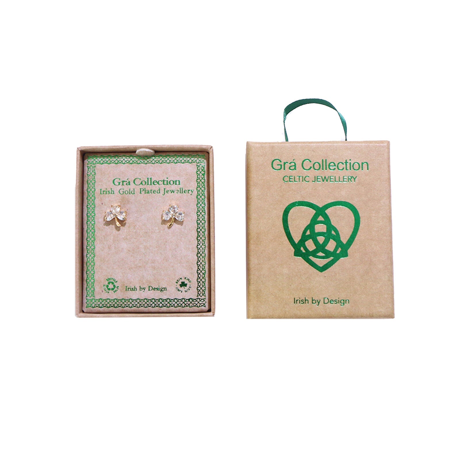 Grá Collection Gold Plated Shamrock With 3 Cubic Zirconia Stones Earrings 