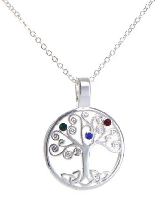 Silver tree of life pendant with colored gemstone accents on chain