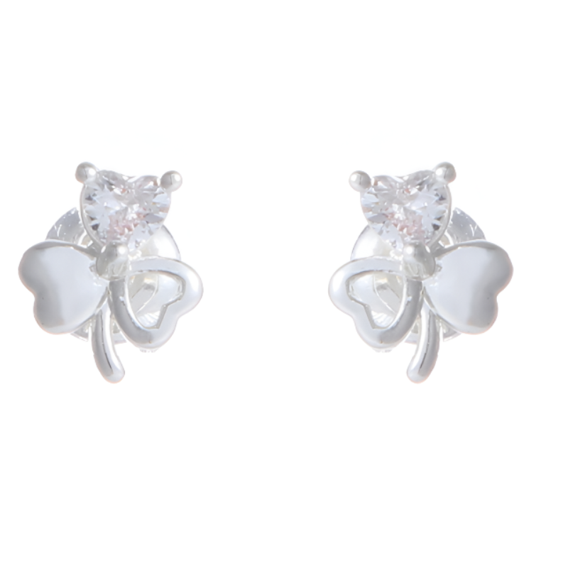 Silver Plated Clear Stone Shamrock Stud Earrings