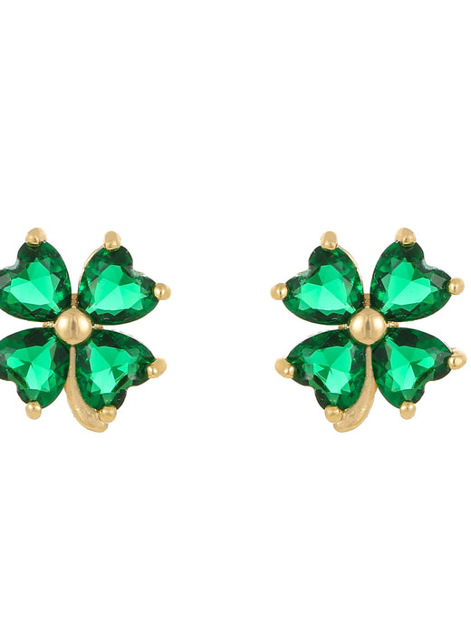 Gold plated four stone clover stud earrings with emerald green crystals