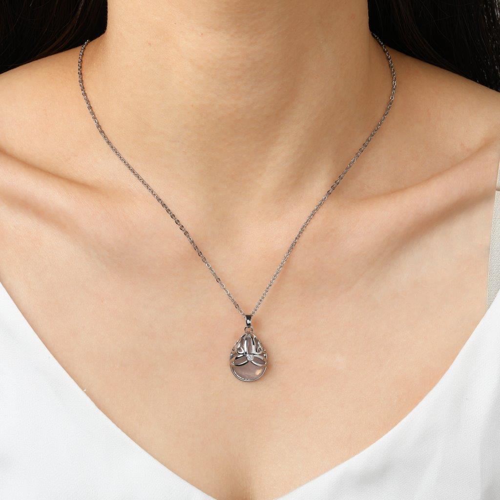Silver Plated Tear Drop Rose Quartz Pendant