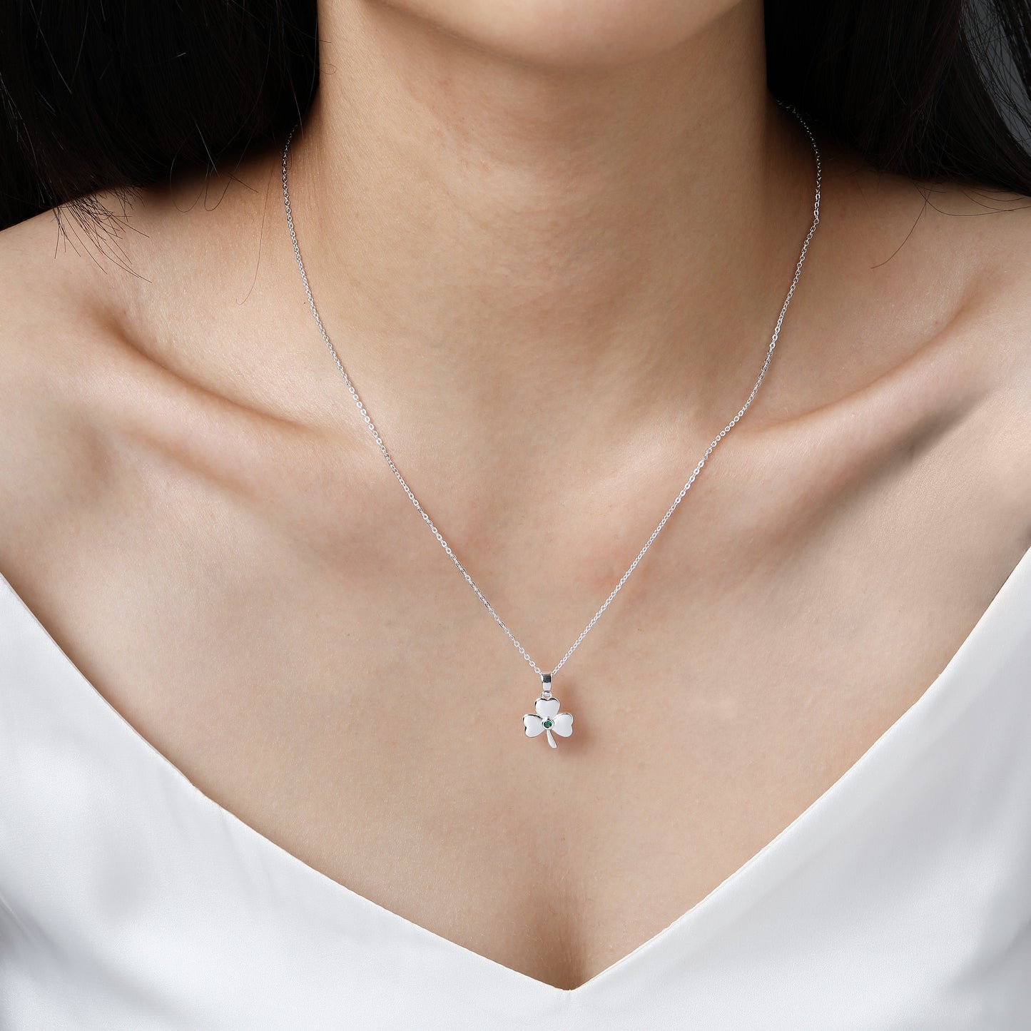 Silver Plated Shamrock Design Green Stone Pendant