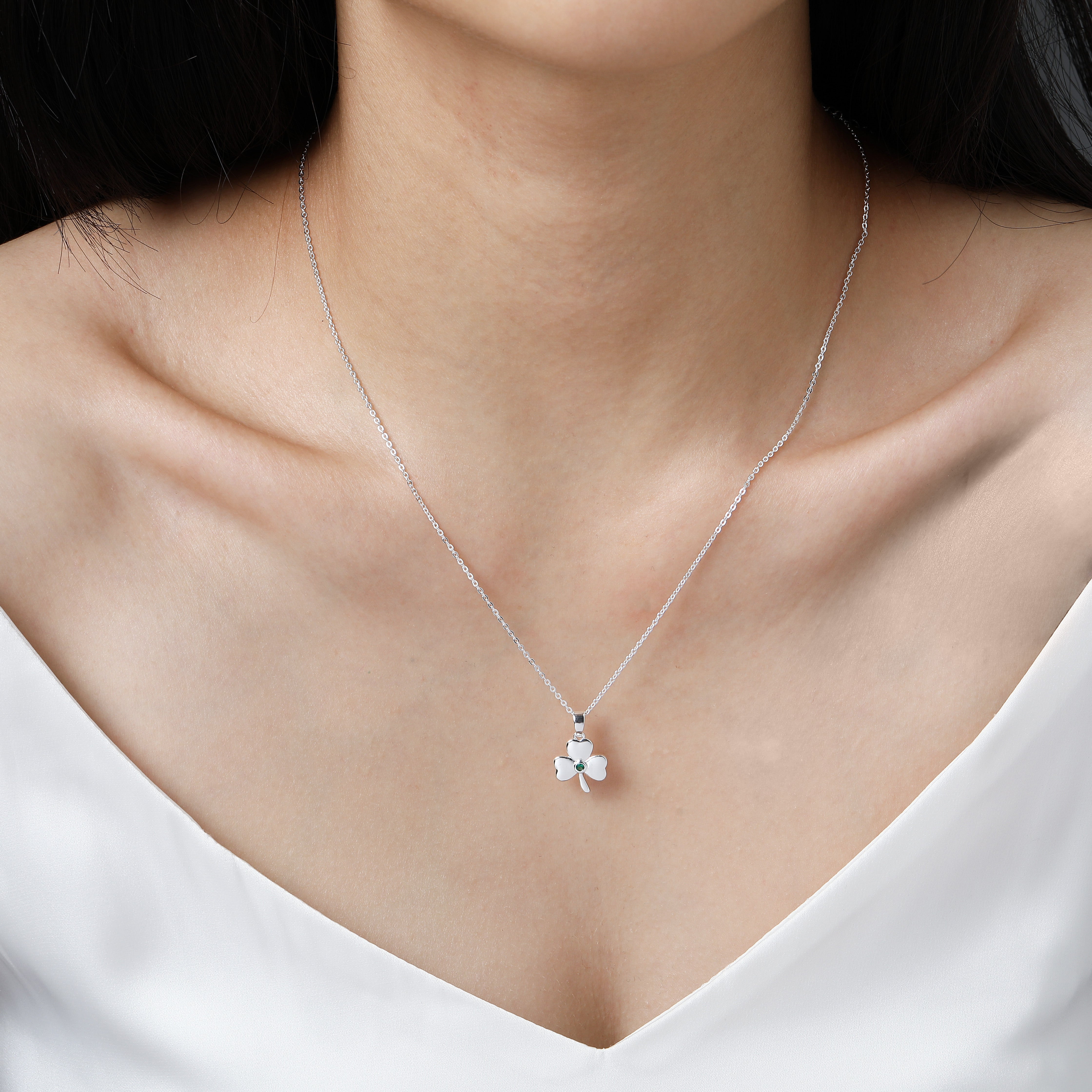 Silver Plated Shamrock Design Green Stone Pendant 