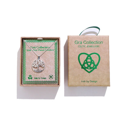 Silver Tree of Life pendant on a chain displayed in a Grá Collection gift box with a green border