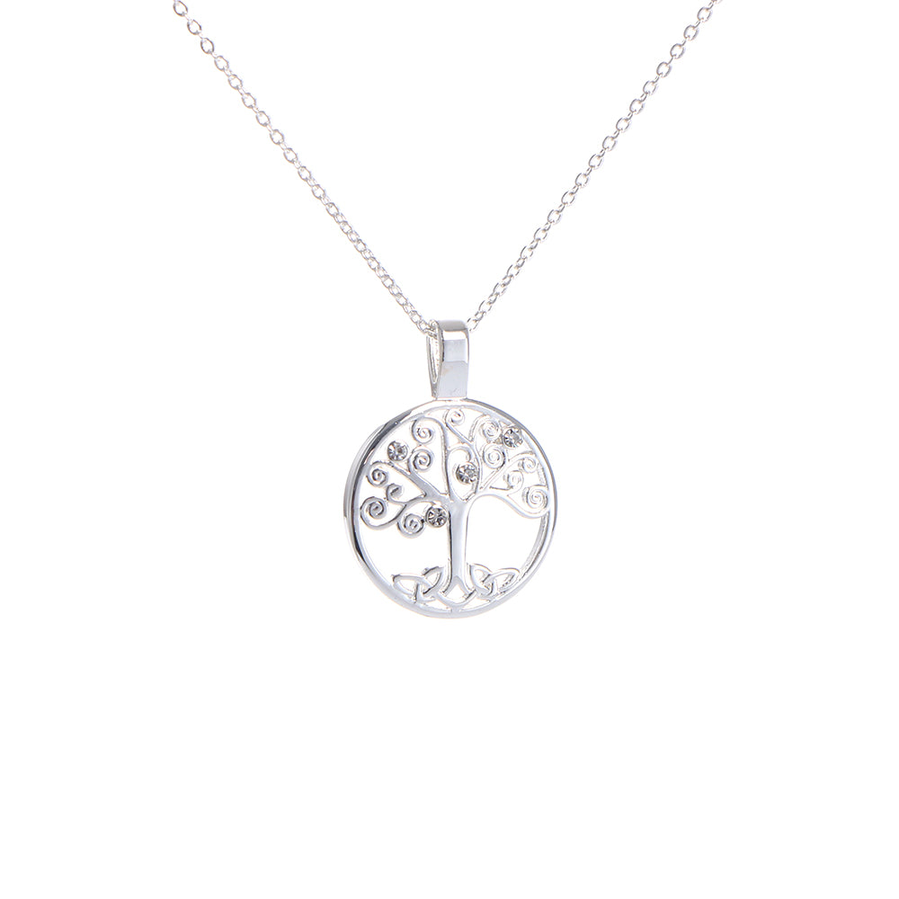 Silver circular tree of life pendant necklace with crystal accents on a white background