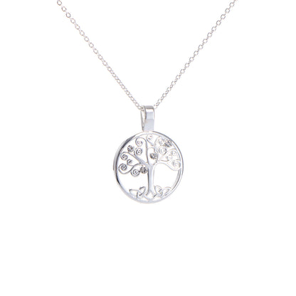 Silver circular tree of life pendant necklace with crystal accents on a white background