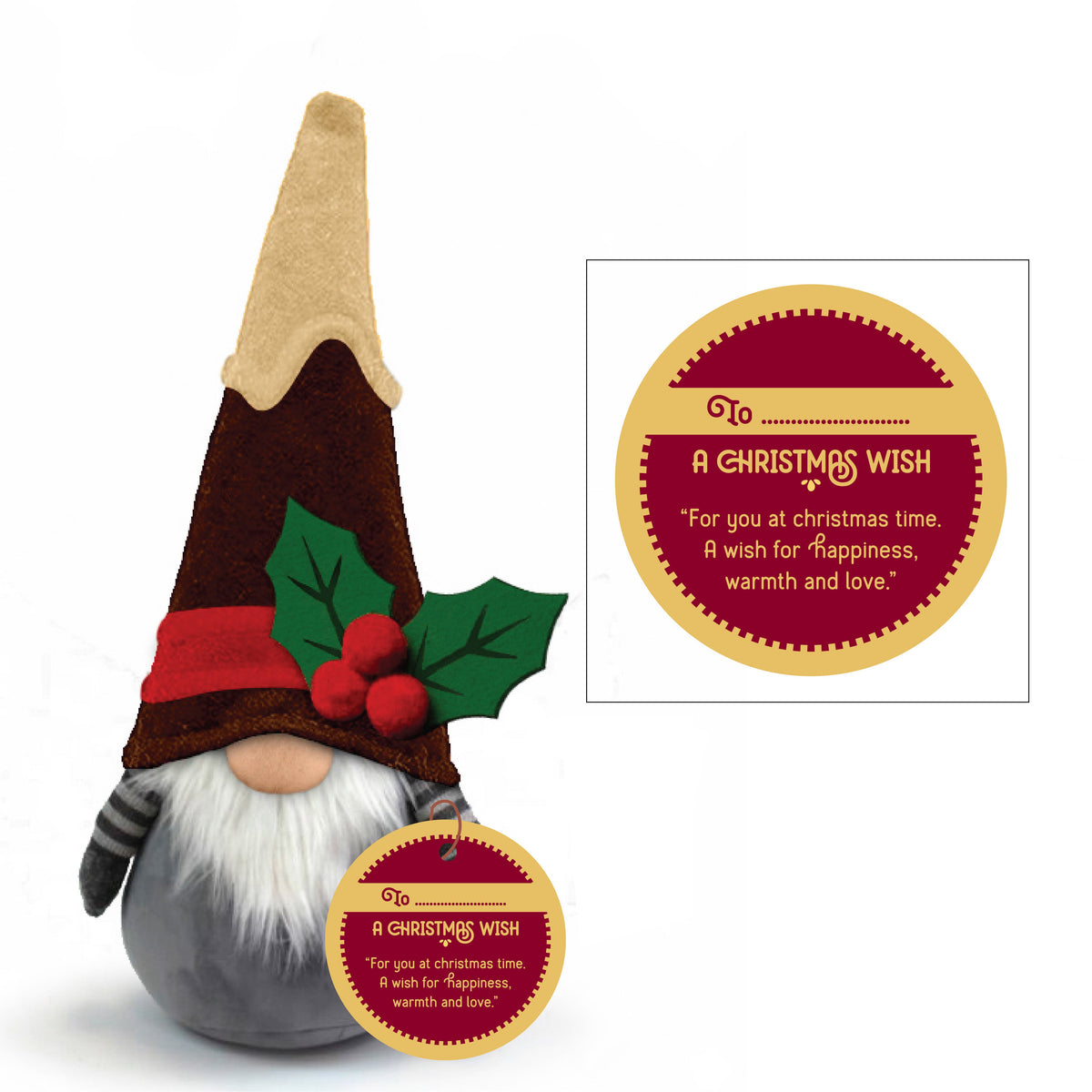 Nordic Christmas pudding style gonk ornament with a tall beige hat and holly