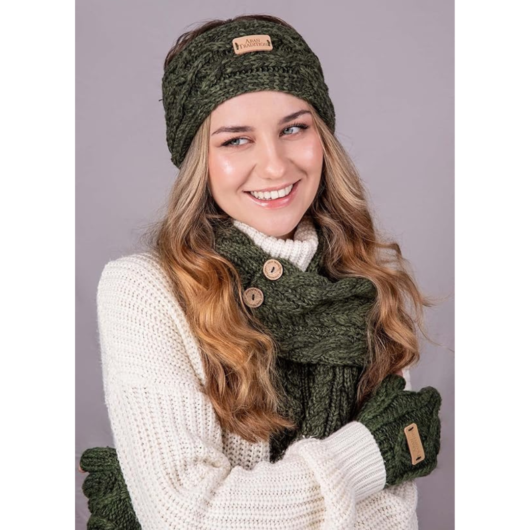 Aran Knitted Traditional Patterns Headband Dark Green 