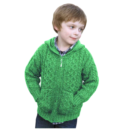 Childrens Aran Hooded Zip Cardigan Green