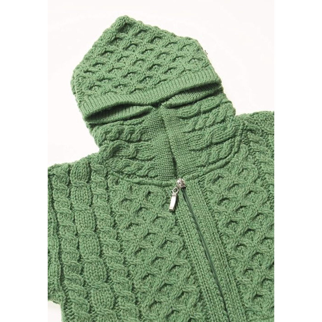 Childrens Aran Hooded Zip Cardigan Green 