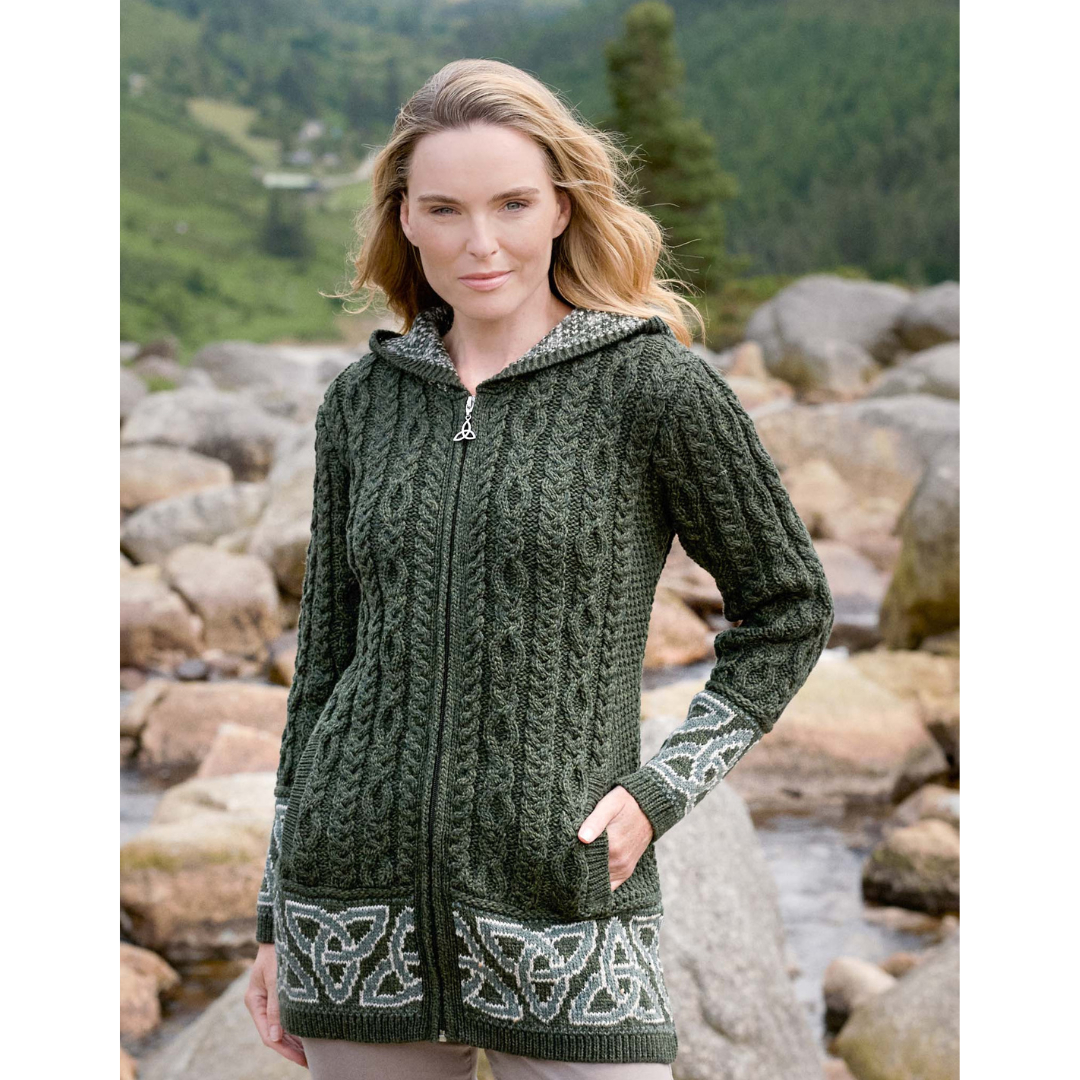 Ladies Celtic Jacquard Zip Hooded Green Coat