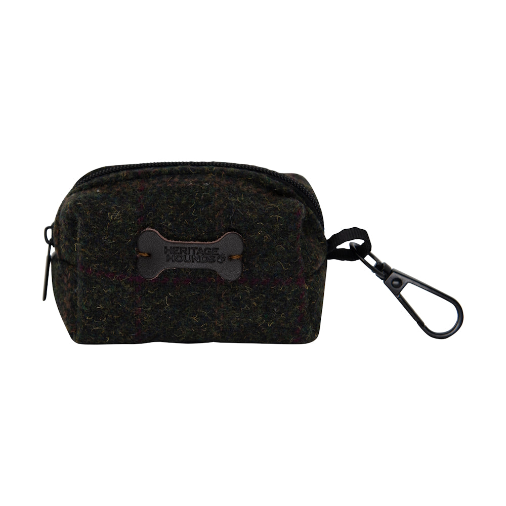 Compact Heritage Tweed Green Check Poo Bag Holder with a leather bone patch and clip