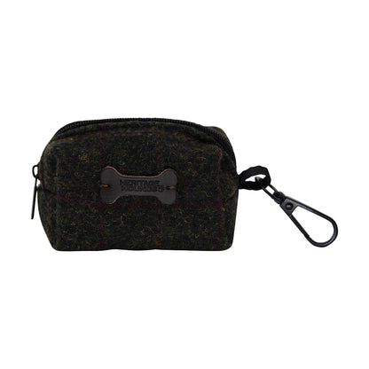 Compact Heritage Tweed Green Check Poo Bag Holder with a leather bone patch and clip