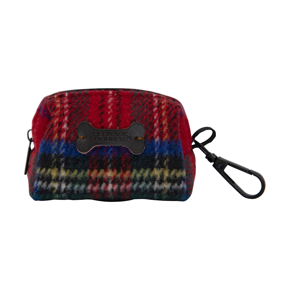 Heritage Tweed Red Tartan Poo Bag Holder with a leather bone patch and clip