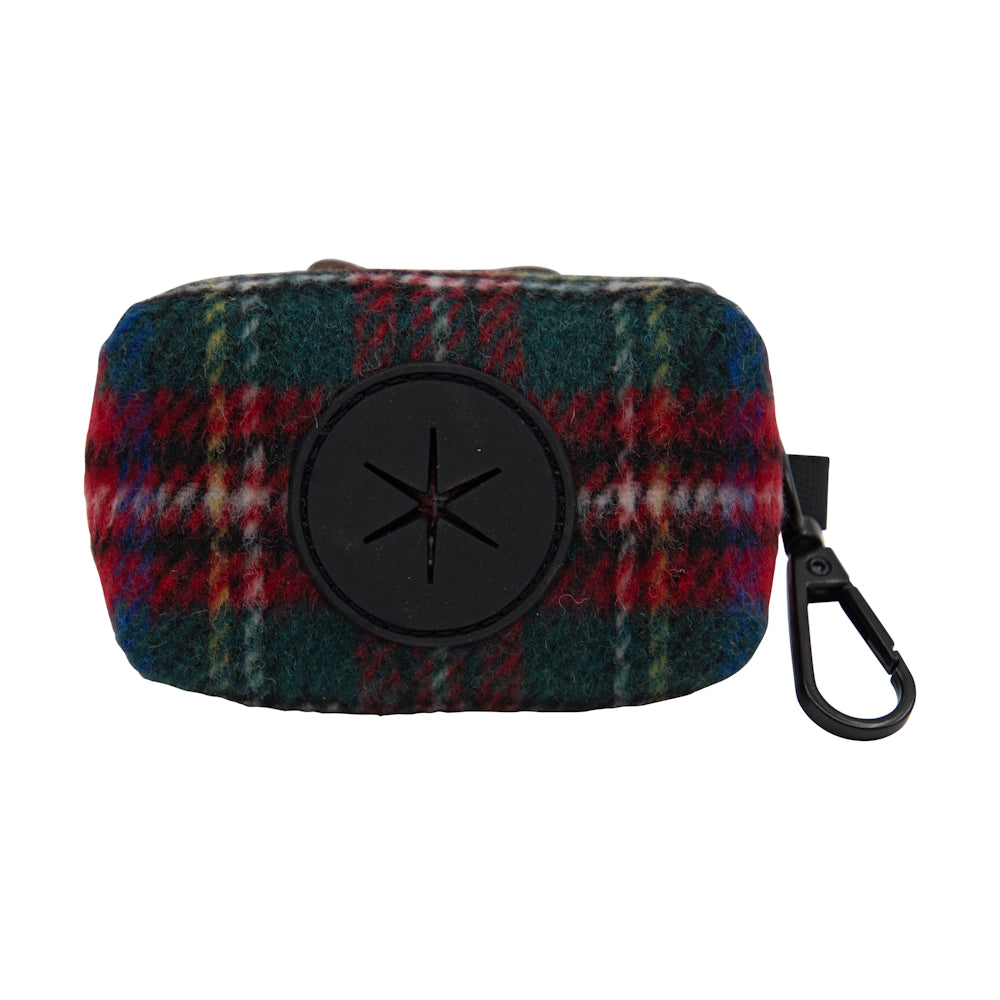 Heritage Tweed Red Tartan Poo Bag Holder with a black circular center badge and side clip