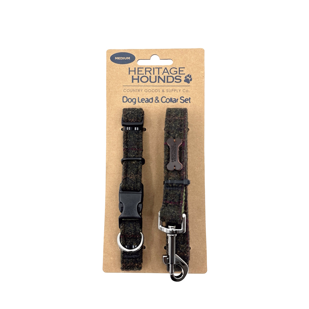 Heritage Tweed small green checked collar and lead set on kraft card