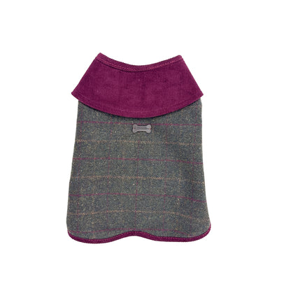 Back view of Heritage Tweed Small Green Checked Dog Coat featuring a purple collar and plaid tweed body