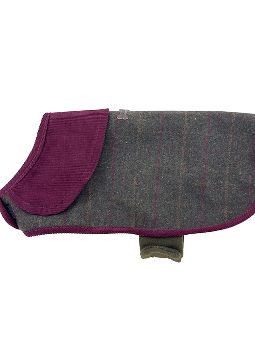 Side view of Heritage Tweed Small Green Checked Dog Coat with green check tweed and purple edging