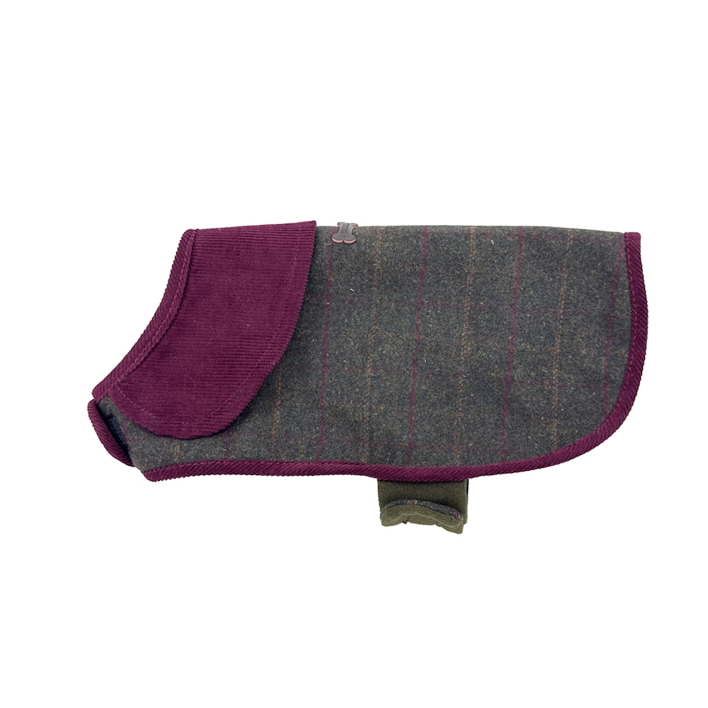Side view of Heritage Tweed Small Green Checked Dog Coat with green check tweed and purple edging