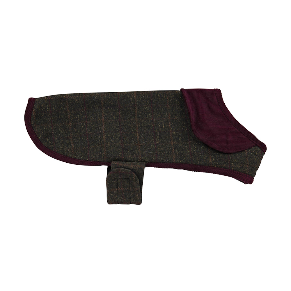 Small green checked tweed dog coat with burgundy trim