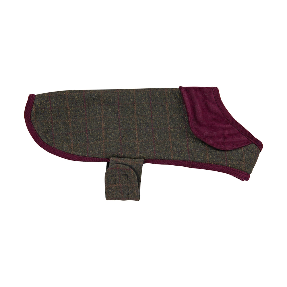Side view of Heritage Tweed Small Green Checked Dog Coat showing purple trim along hem and a fabric strap