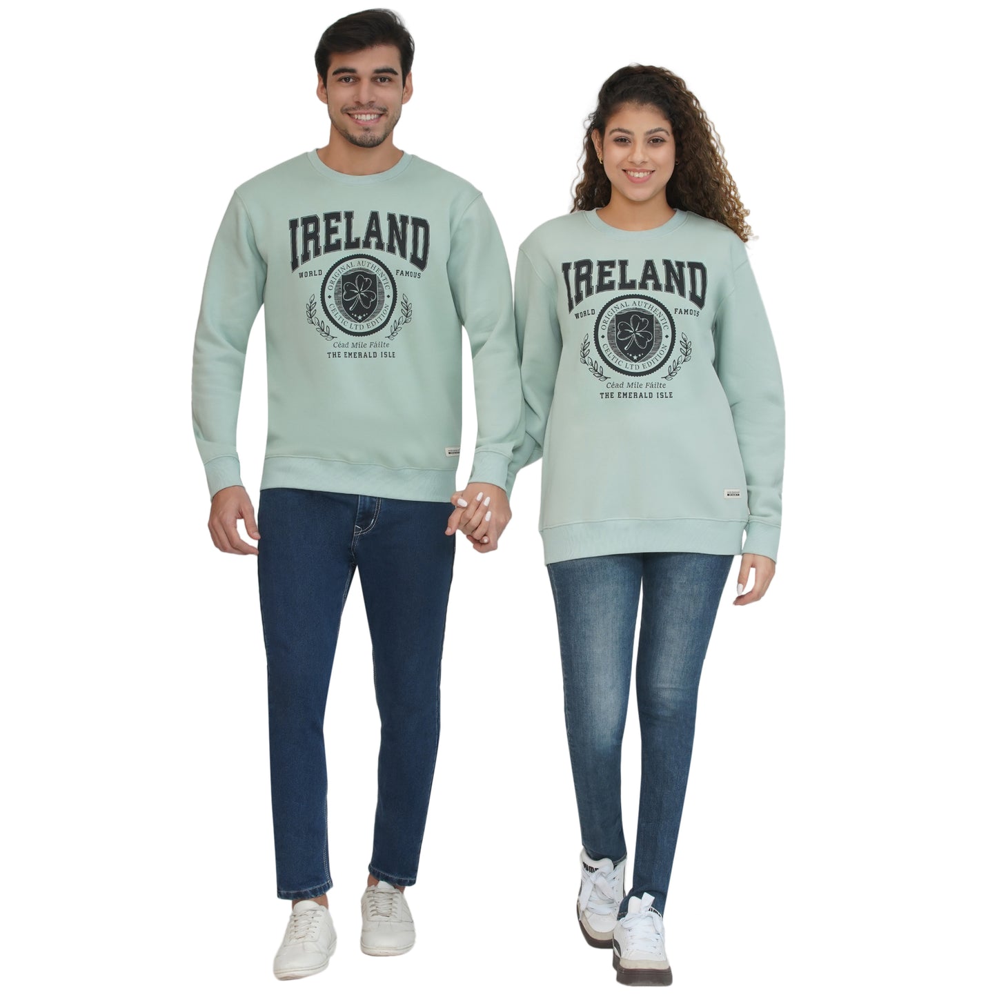 Pair of models wearing Ireland Badge Unisex Pistachio Sweatshirts with front crest design.