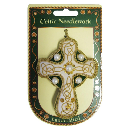 High Cross Shaped Hanging Christmas Decoration With Gold Celtic Needlework