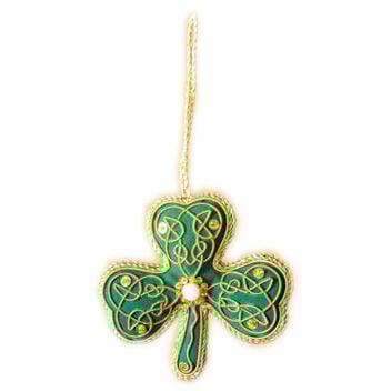 Green Shamrock Shaped Hanging Christmas Decoration With Gold Celtic Needlework 