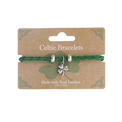 Celtic Shamrock Weave Green Leather Bracelet