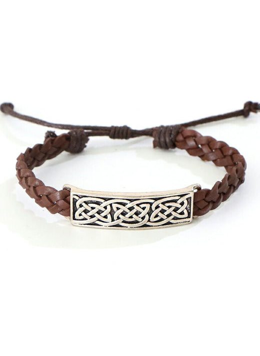 Celtic 4 Strand Leather Bracelet With Knotwork Bar Design Brown