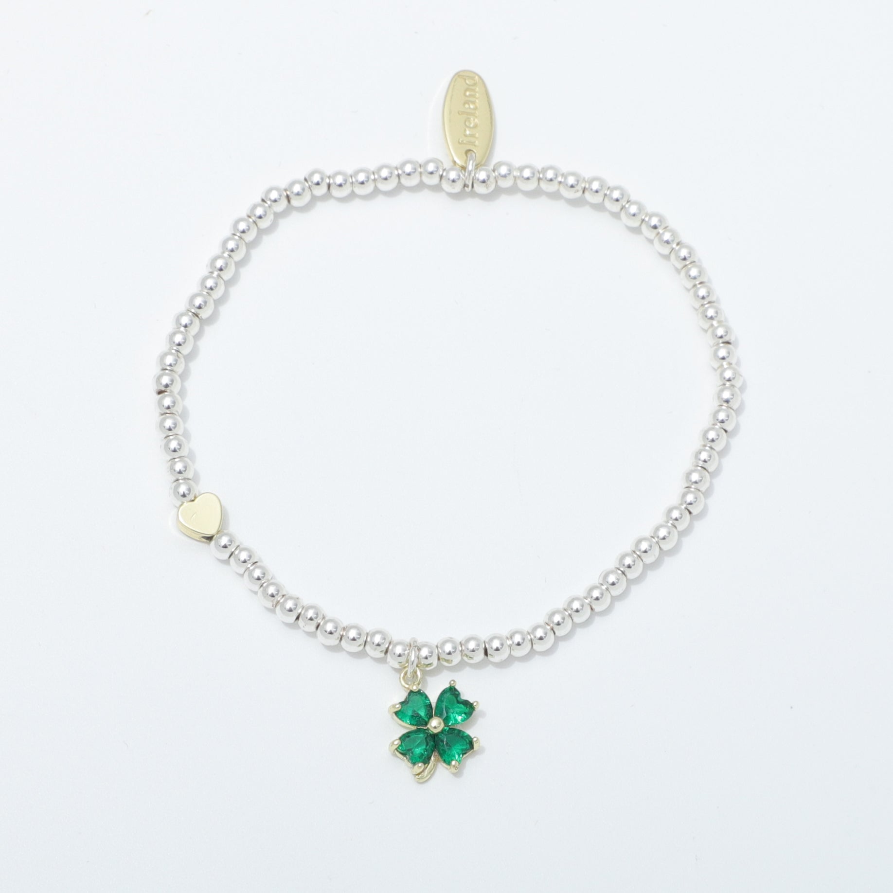 Silver Beaded Green Stones Clover Bracelet