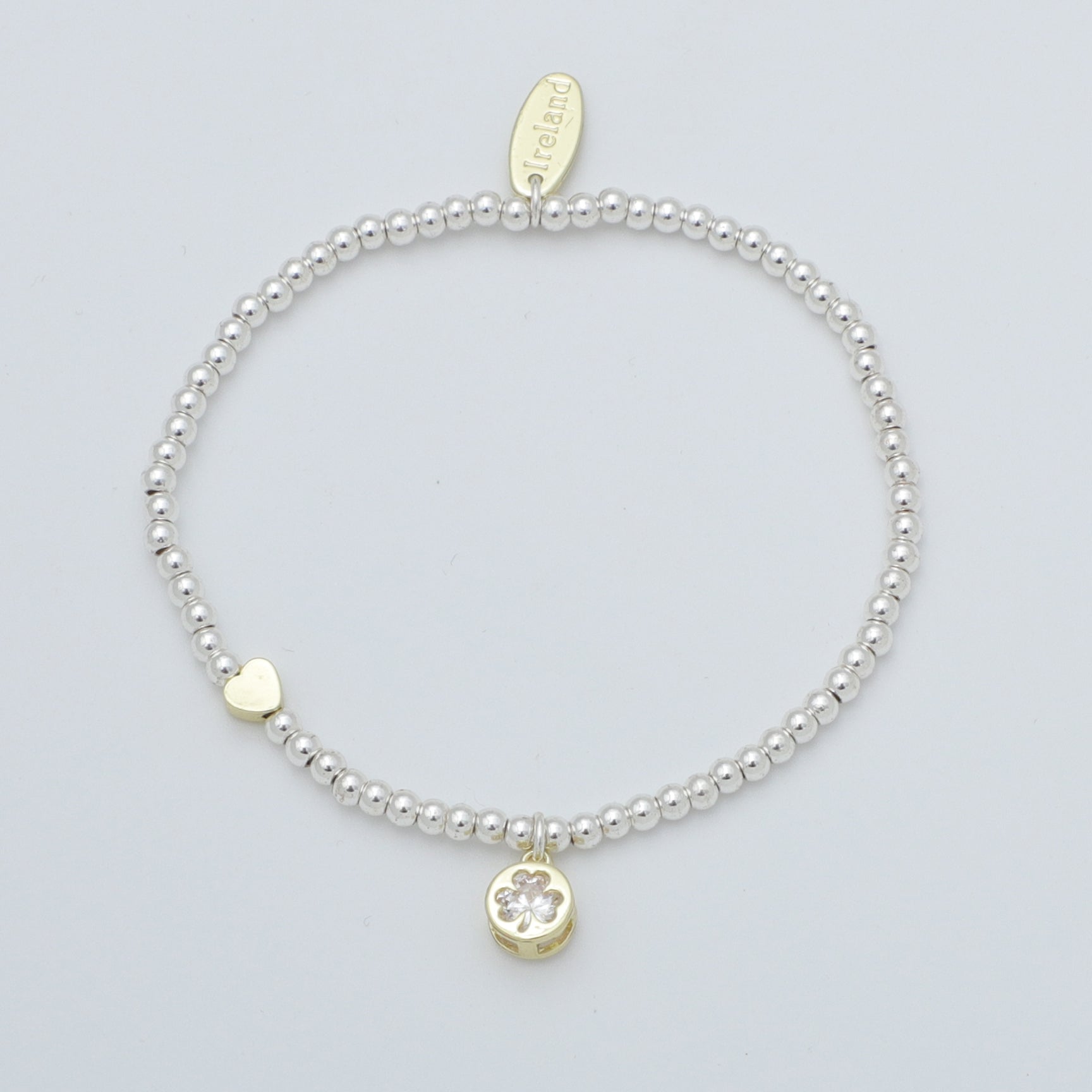 Silver Beaded Inlaid Clear Stone Shamrock Bracelet