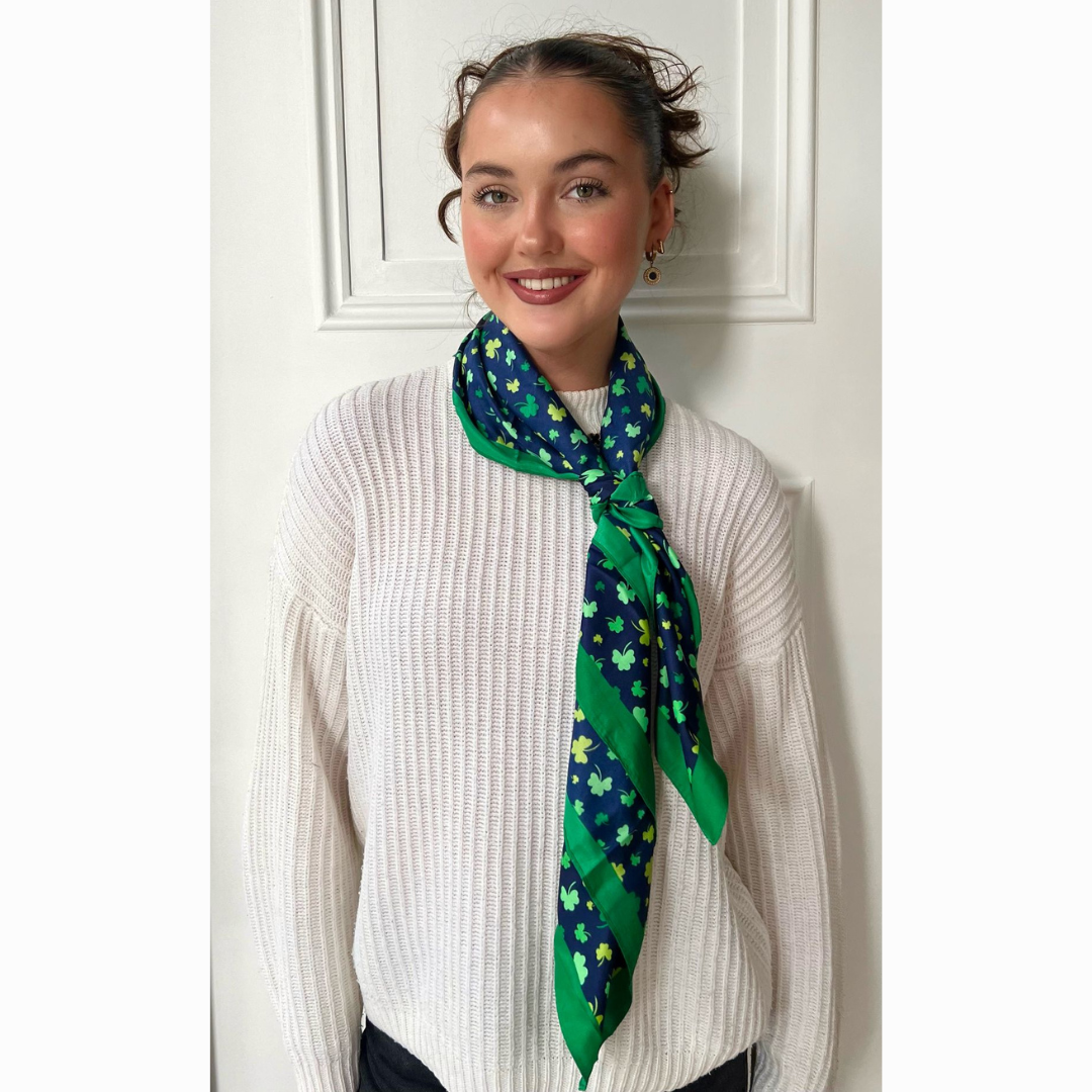 Ladies Polysilk Green And Navy Shamrock Scarf 
