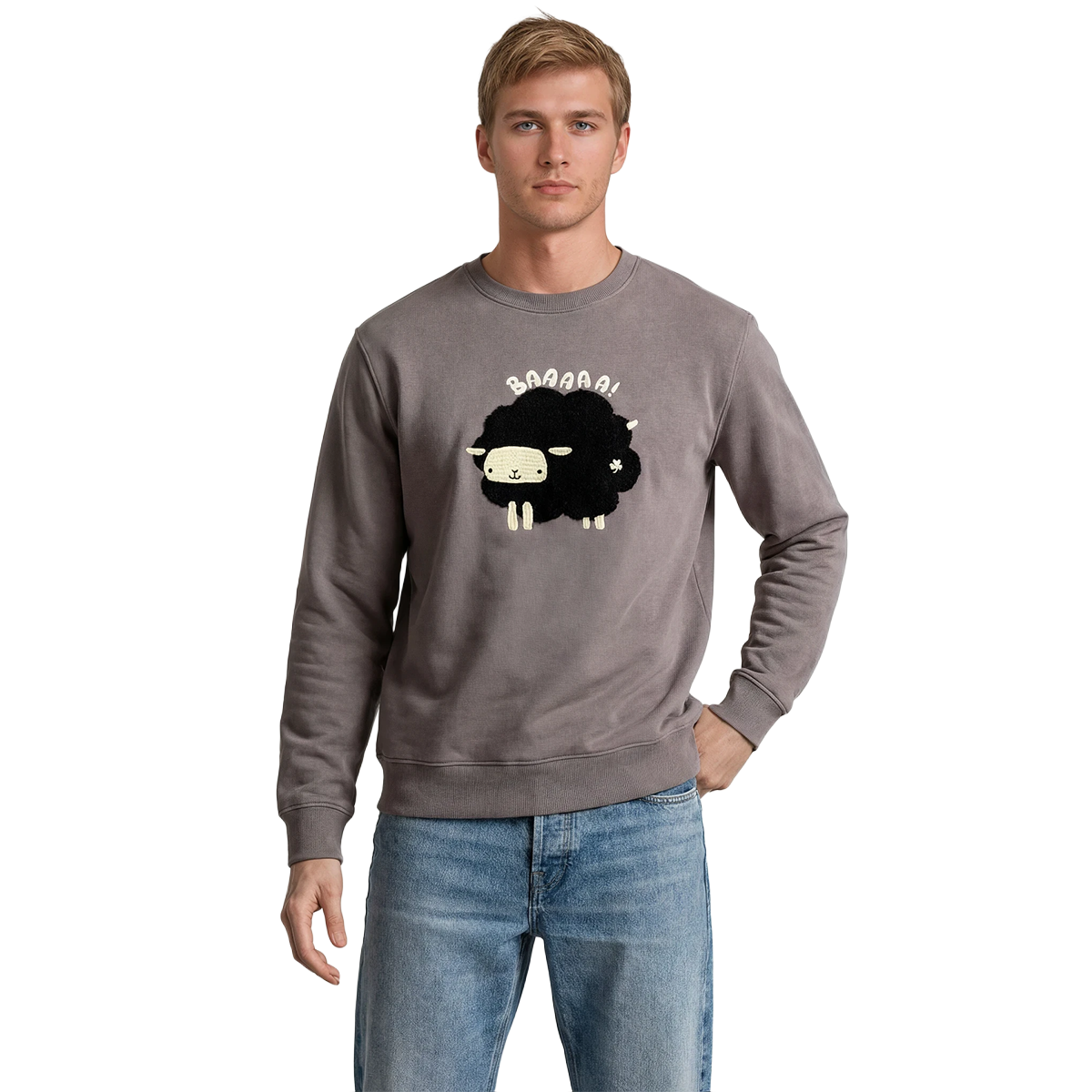 Unisex Castlerock gray sweatshirt with a cartoon sheep graphic on the chest.