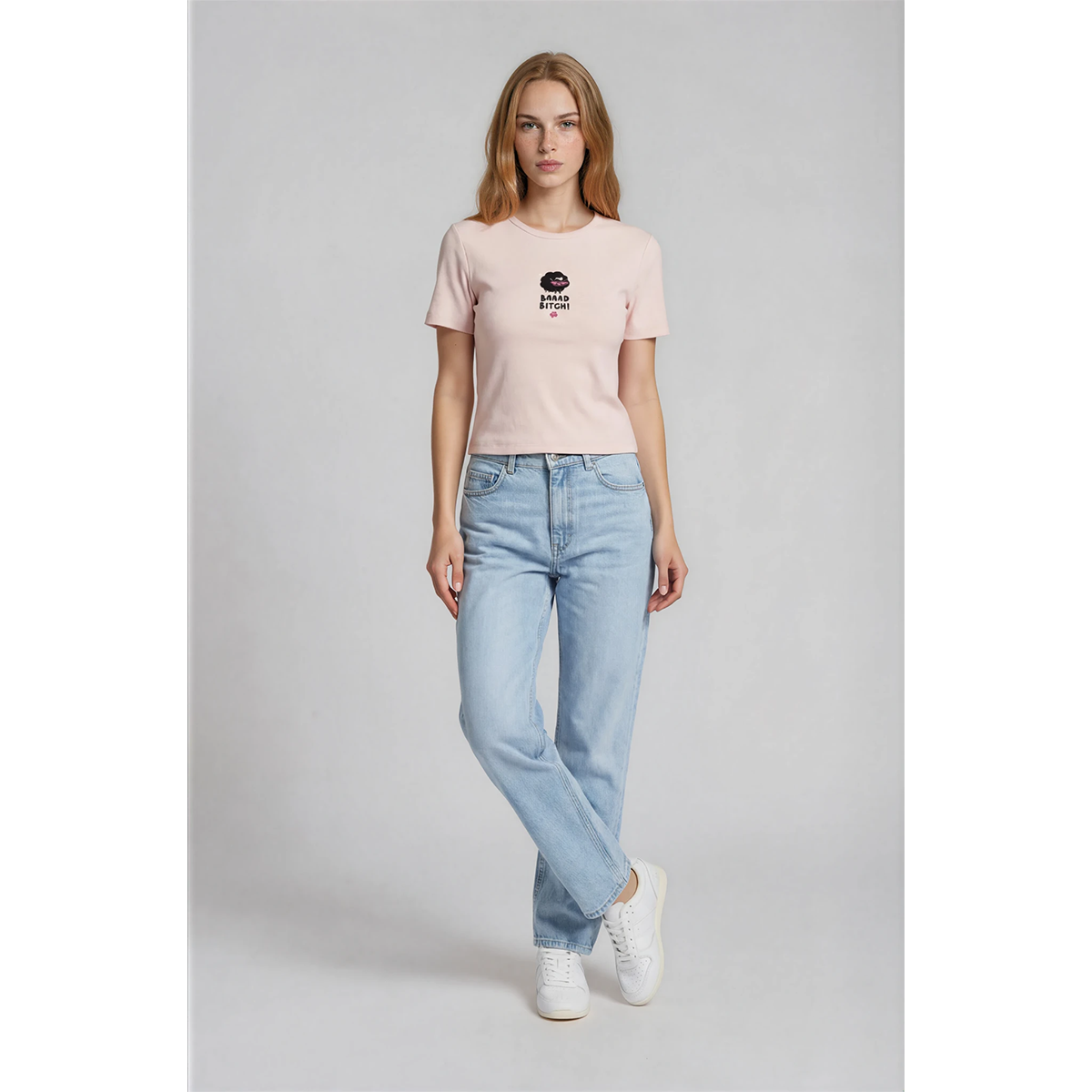 Pink marshmallow ribbed crop top for women with a small chest graphic.