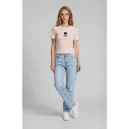 Pink marshmallow ribbed crop top for women with a small chest graphic.