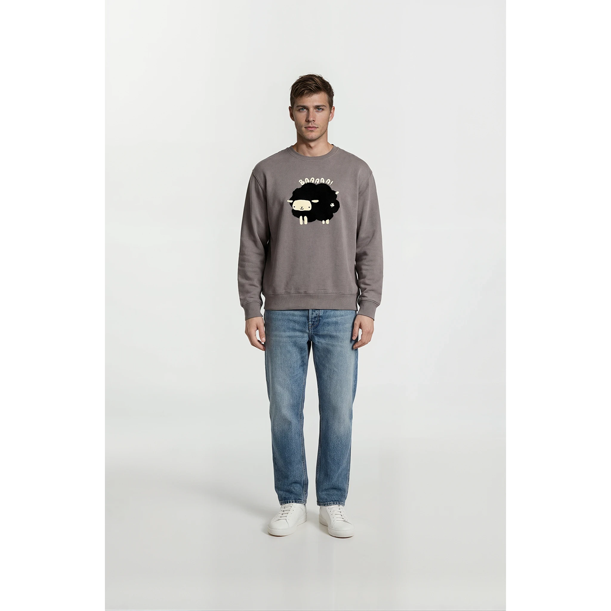 Castlerock gray unisex sweatshirt featuring a cartoon sheep graphic on the chest.