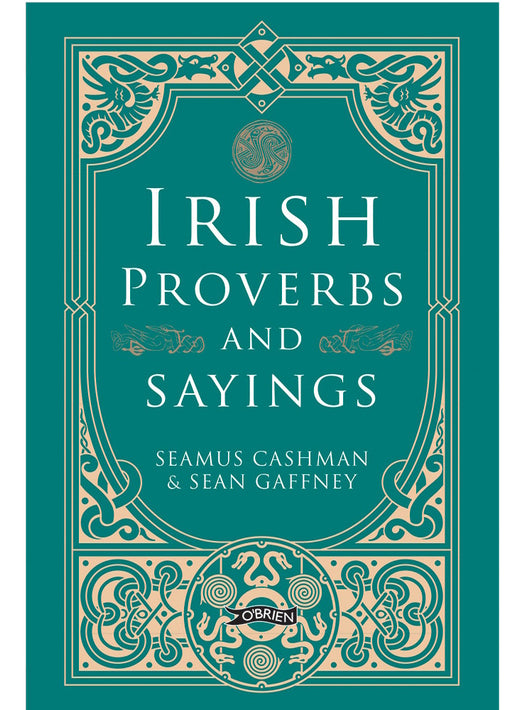 Teal book cover with an ornate beige border and the title Irish Proverbs and Sayings
