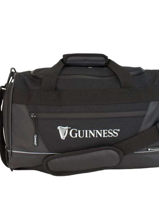 Guinness small hold all duffle bag in black with grey panels front logo and detachable shoulder strap