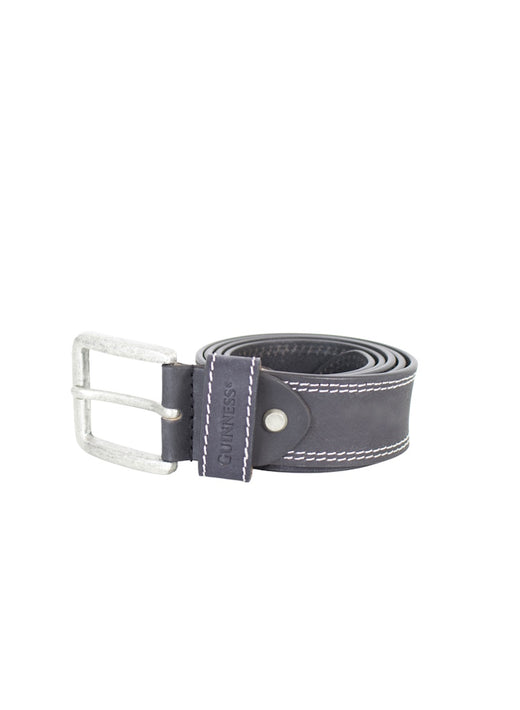 Guinness black leather belt with white stitching and a brushed silver buckle rolled for display